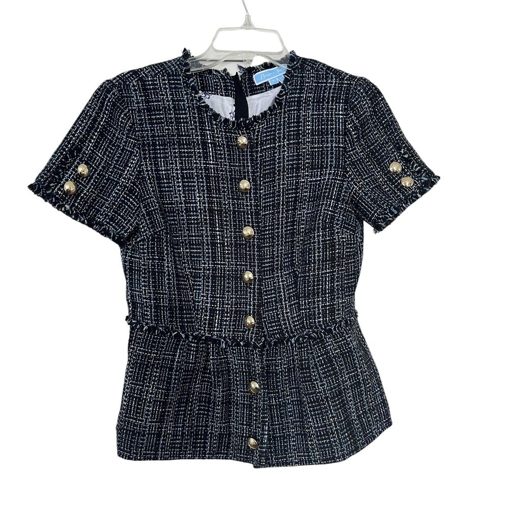 Draper James Black Blue Tweed Short Sleeve Gold Button Top Size 4